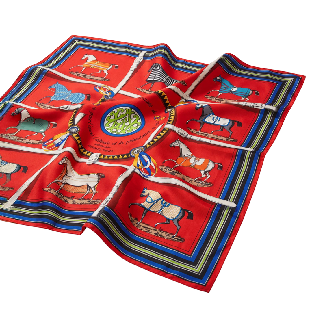 Vintage Hermes Couvertures et Tenues du Jour Red Silk Scarf Beauty Bag
