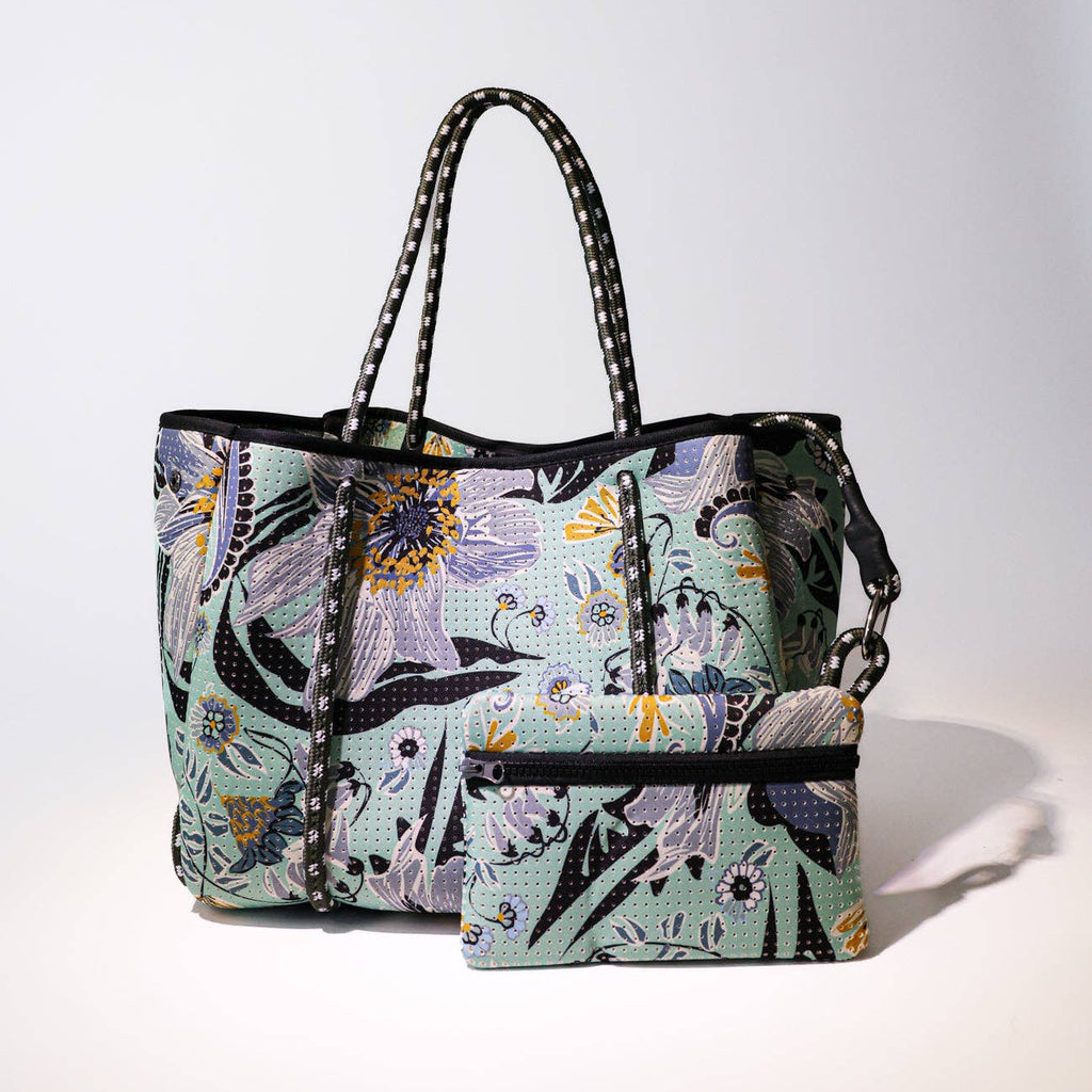 Large Neoprene Tote Bag Mint Flowers