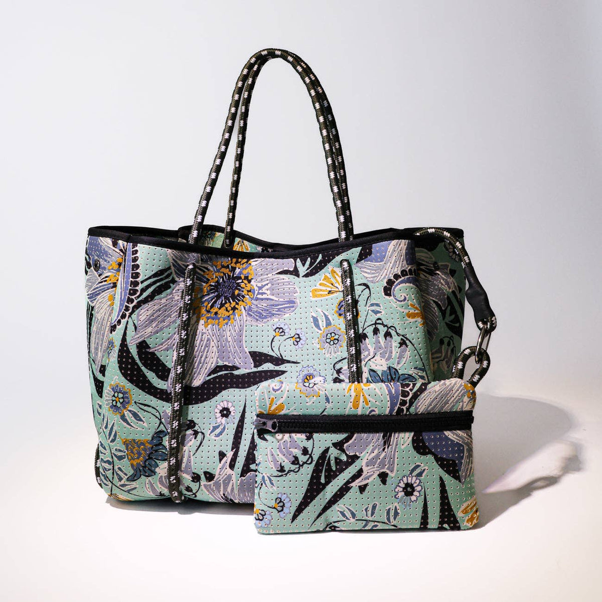 Large Neoprene Tote Bag Mint Flowers
