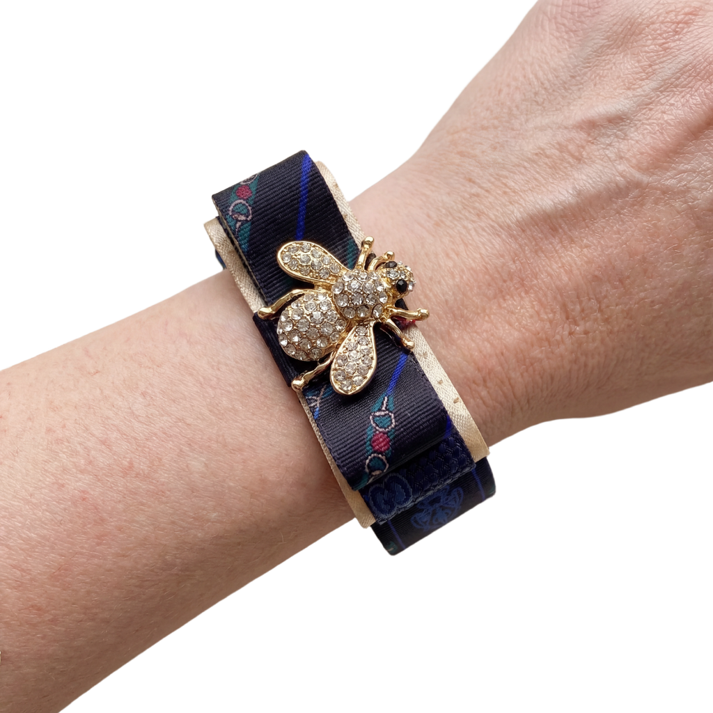 Vintage Gucci Horsebit Bumblebee Silk Necktie Cuff Bracelet