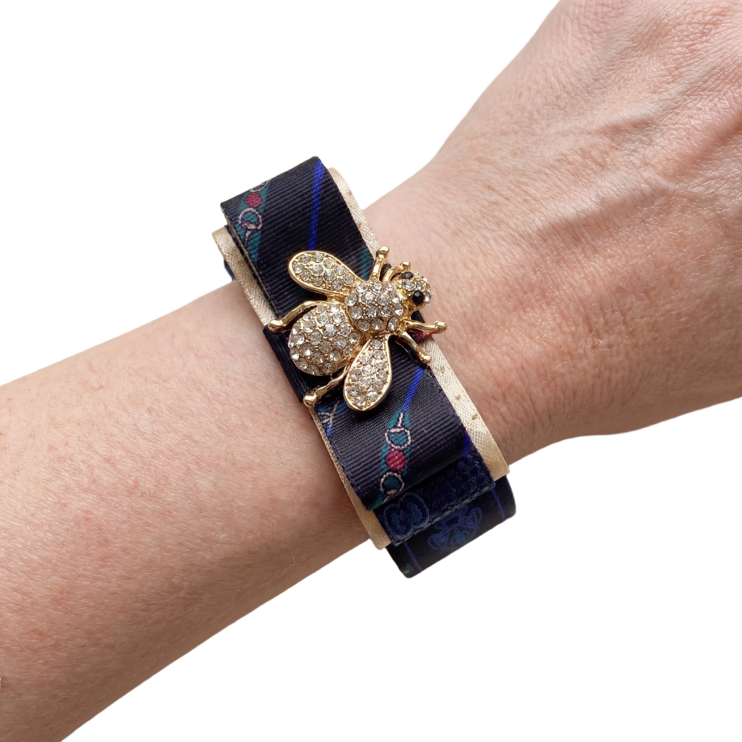 Vintage Gucci Horsebit Bumblebee Silk Necktie Cuff Bracelet