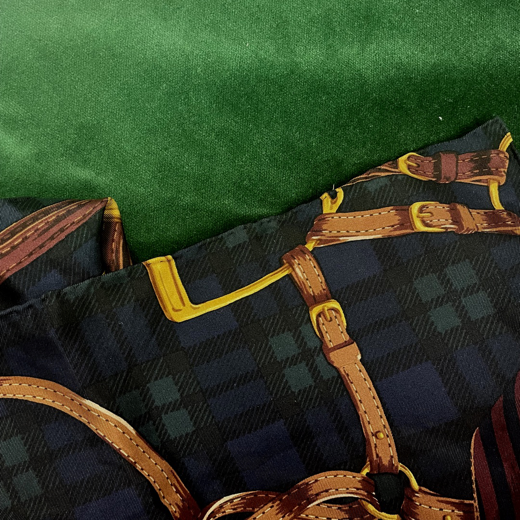 Vintage Equestrian Black Watch Tartan Silk Scarf Pillows 18"