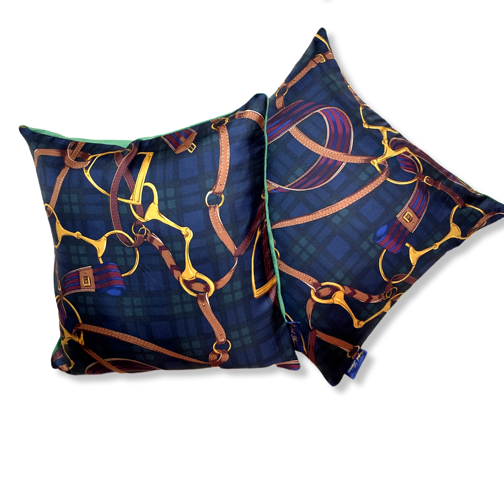 Vintage Equestrian Black Watch Tartan Silk Scarf Pillows 18"