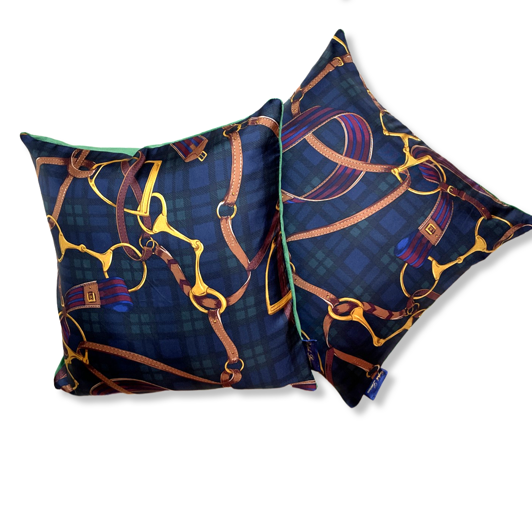 Vintage Equestrian Black Watch Tartan Silk Scarf Pillows 18"