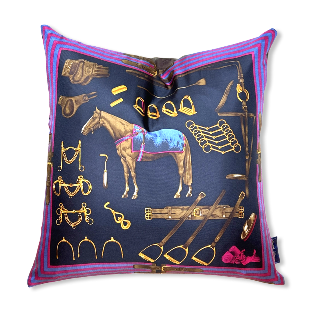 Vintage Equestrian Navy Vintage Silk Scarf Pillows 22"