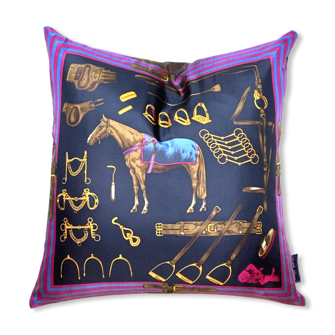 Vintage Equestrian Navy Vintage Silk Scarf Pillows 22"