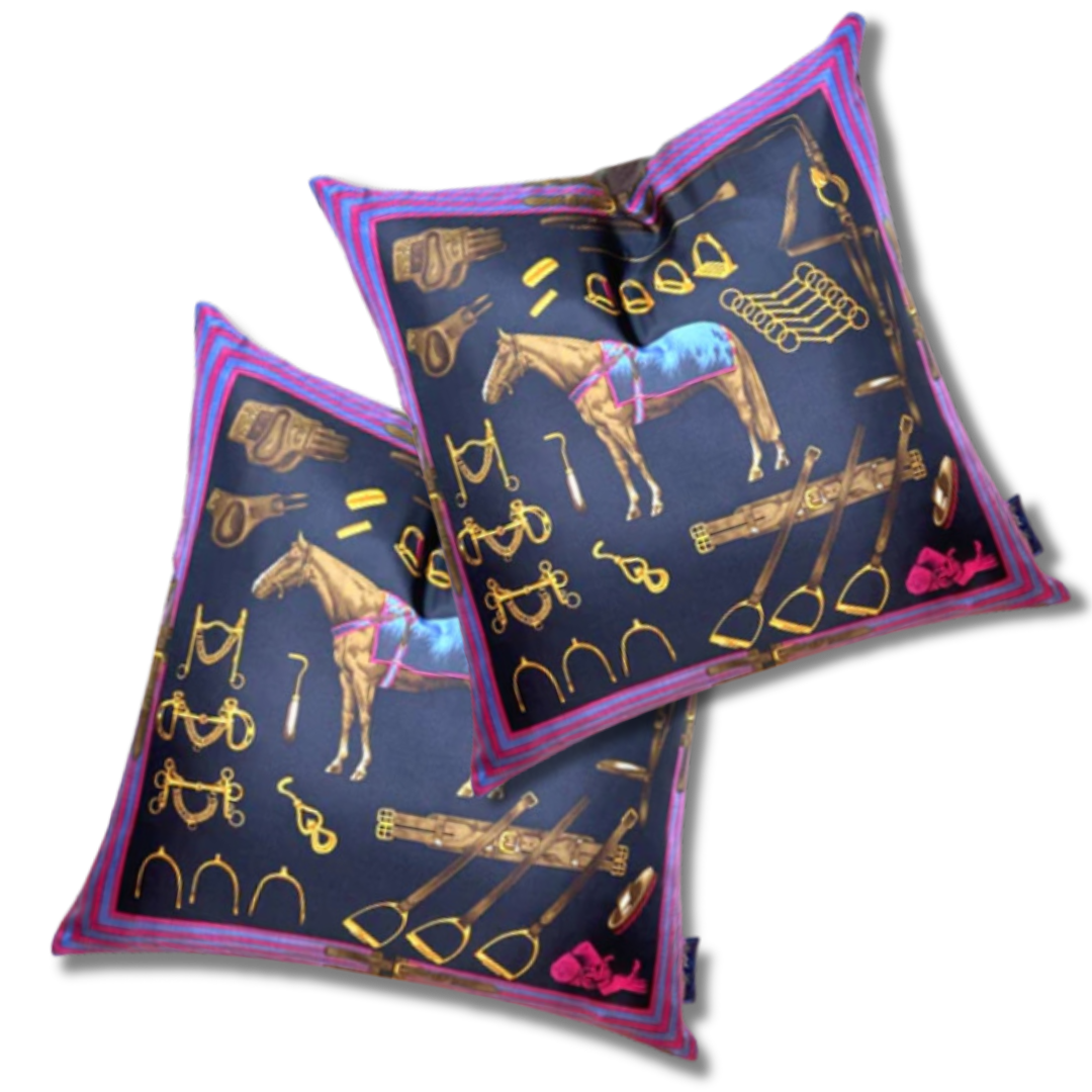 Vintage Equestrian Navy Vintage Silk Scarf Pillows 22"