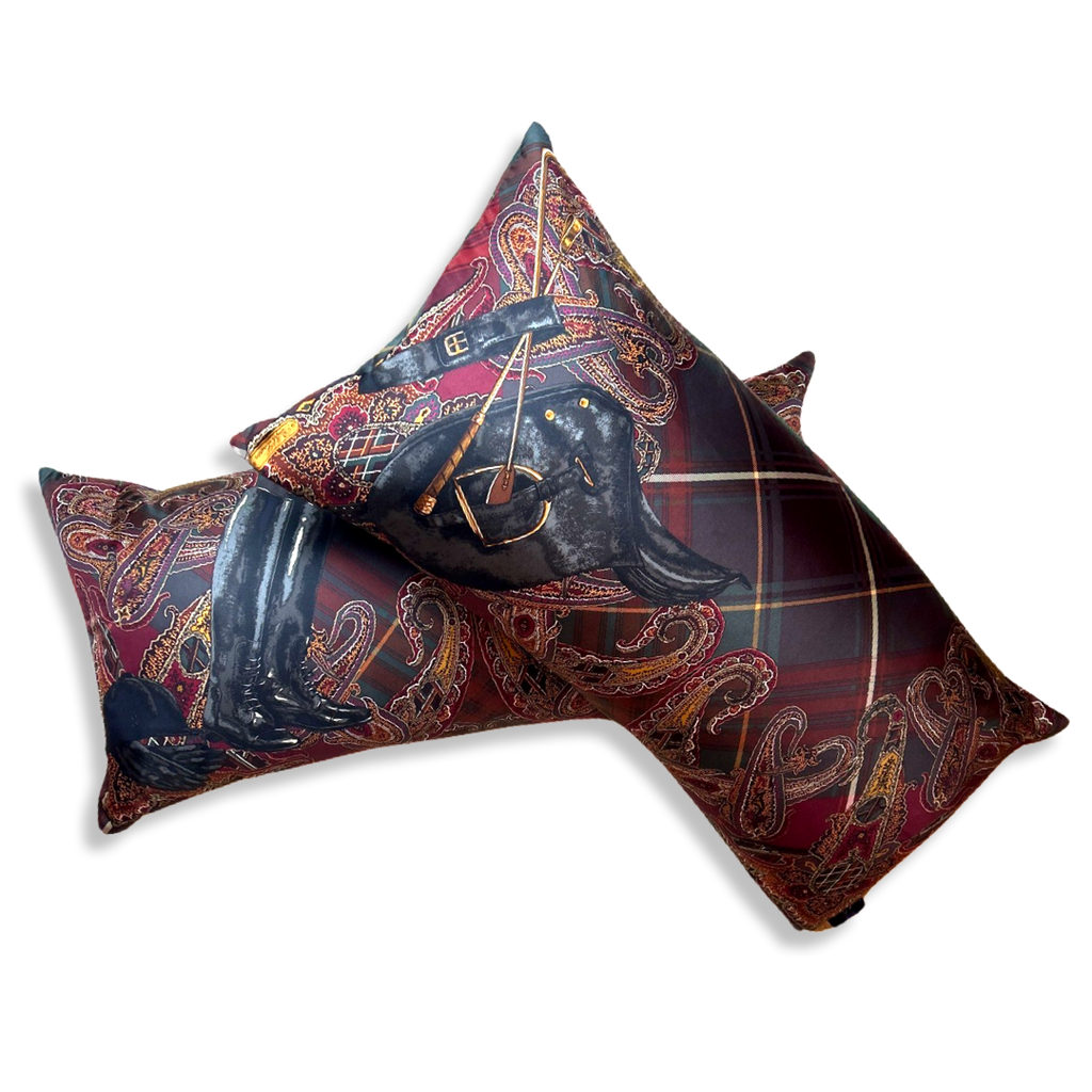 Vintage Equestrian Paisley & Tartan Silk Scarf Pillows