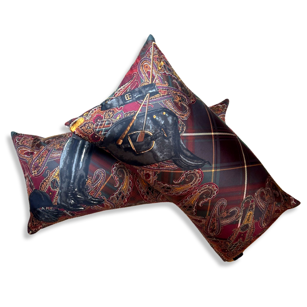 Vintage Equestrian Paisley & Tartan Silk Scarf Pillows