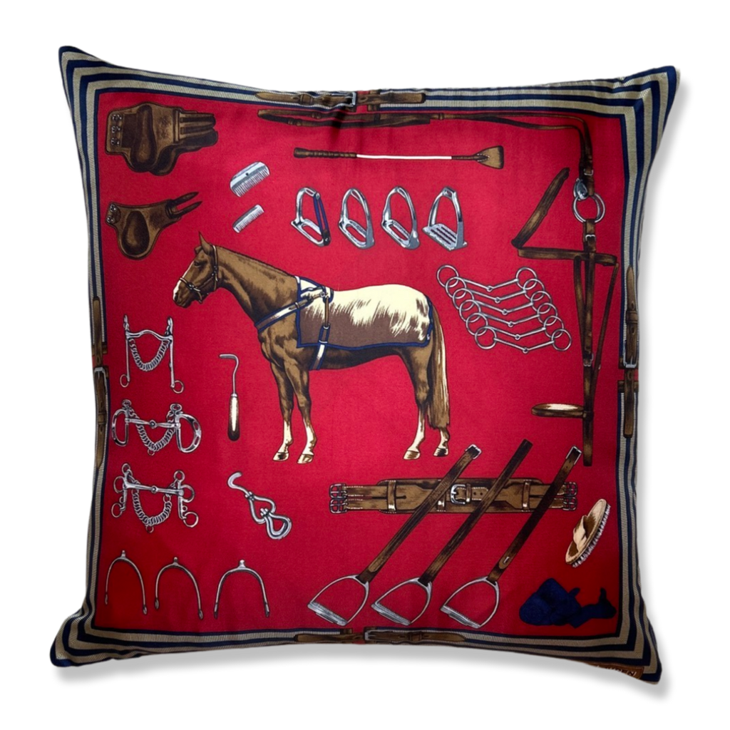 Vintage Equestrian Red Silk Scarf Pillows 22"