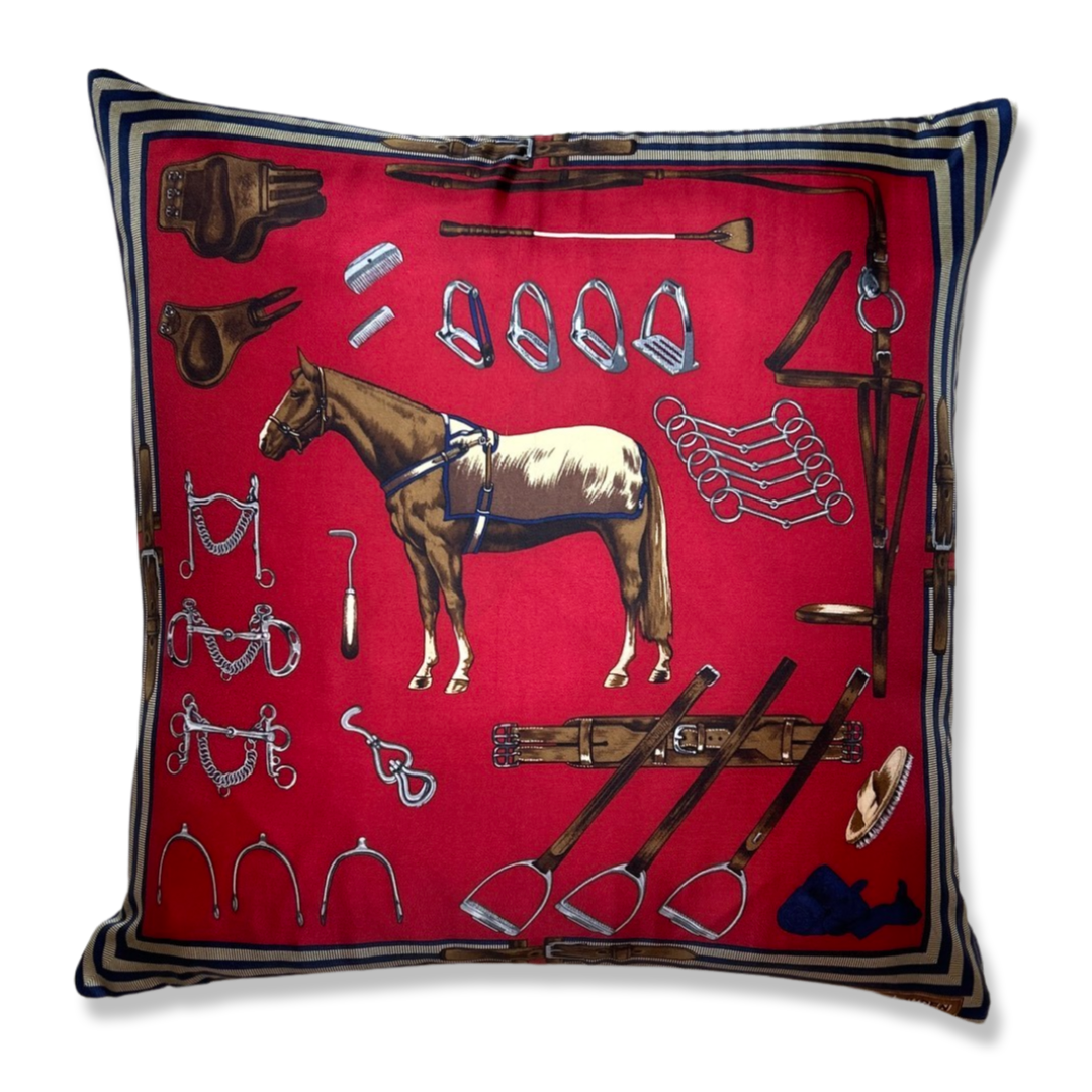 Vintage Equestrian Red Silk Scarf Pillows 22"