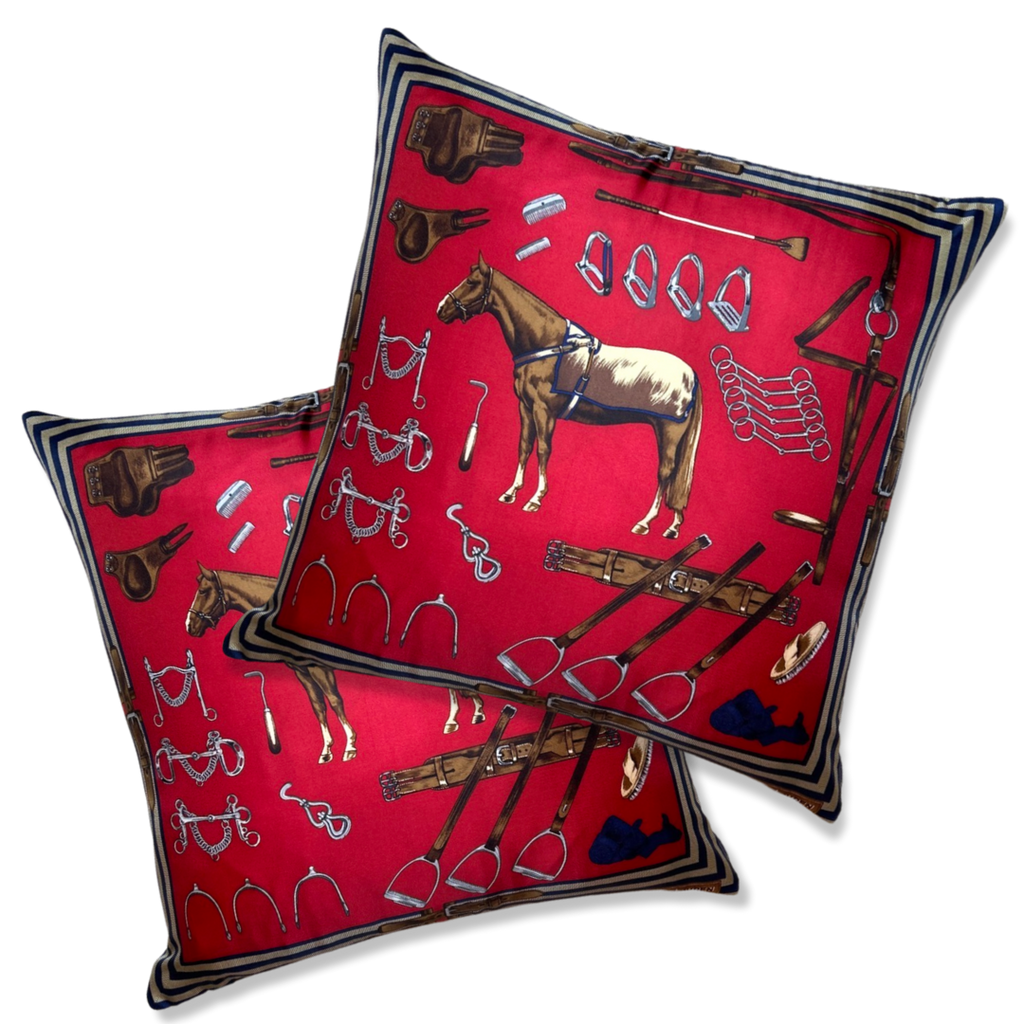 Vintage Equestrian Red Silk Scarf Pillows 22"
