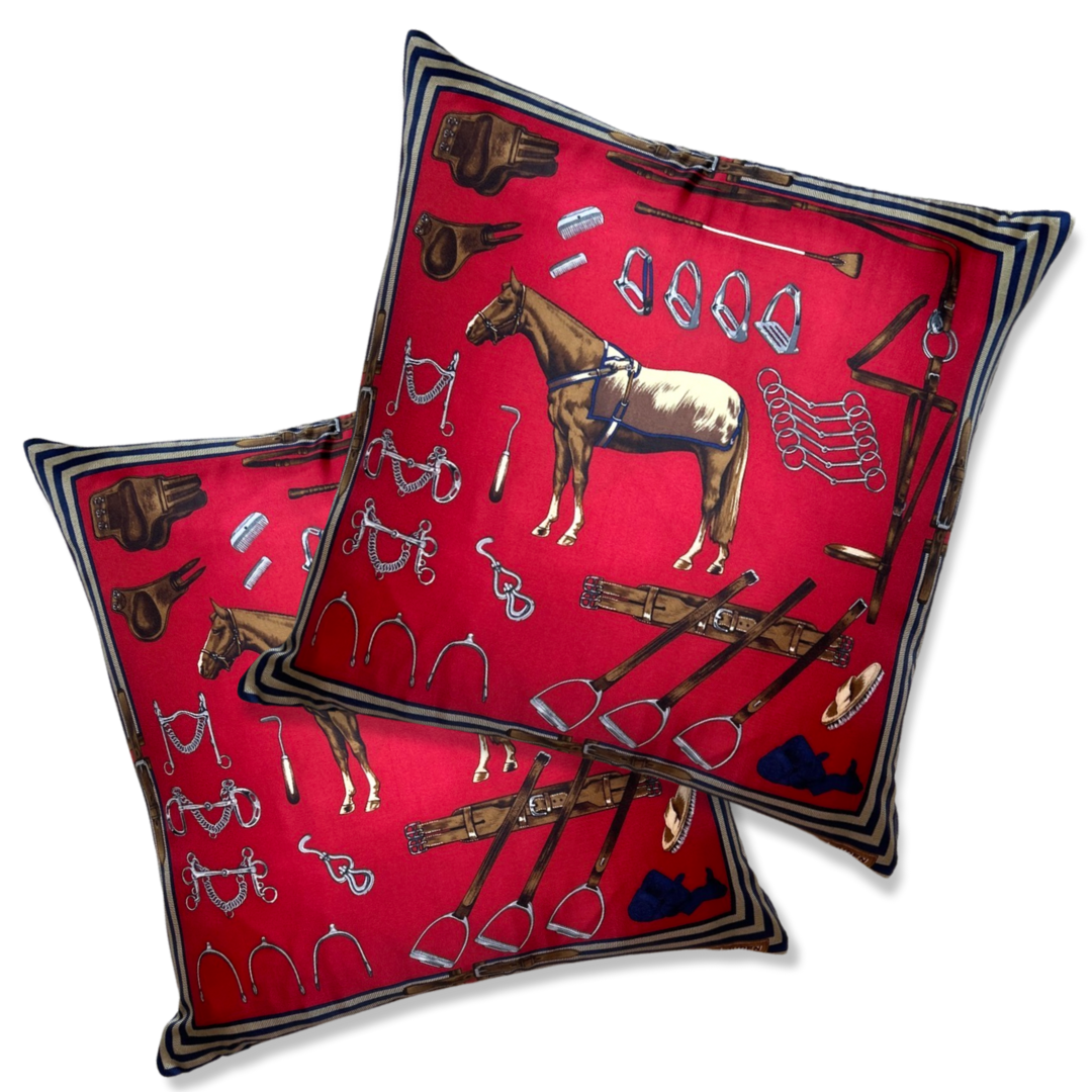 Vintage Equestrian Red Silk Scarf Pillows 22"