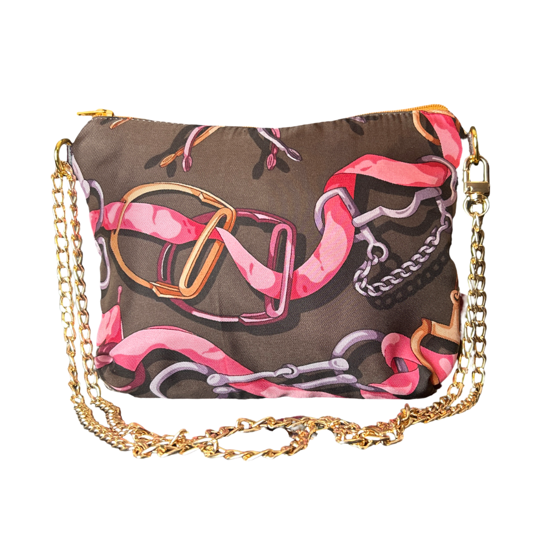 Vintage Gucci Horsebit Brown Silk Scarf Crossbody Bag