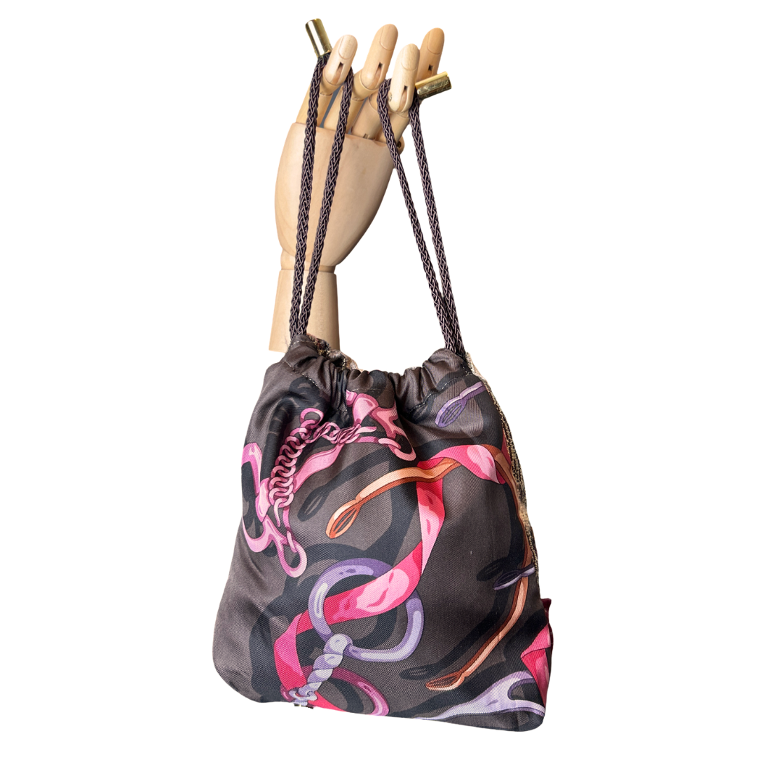 Vintage Gucci Horsebit Brown Silk Scarf Drawstring Crossbody Bag