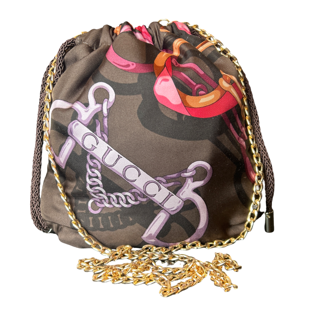 Vintage Gucci Horsebit Brown Silk Scarf Drawstring Crossbody Bag