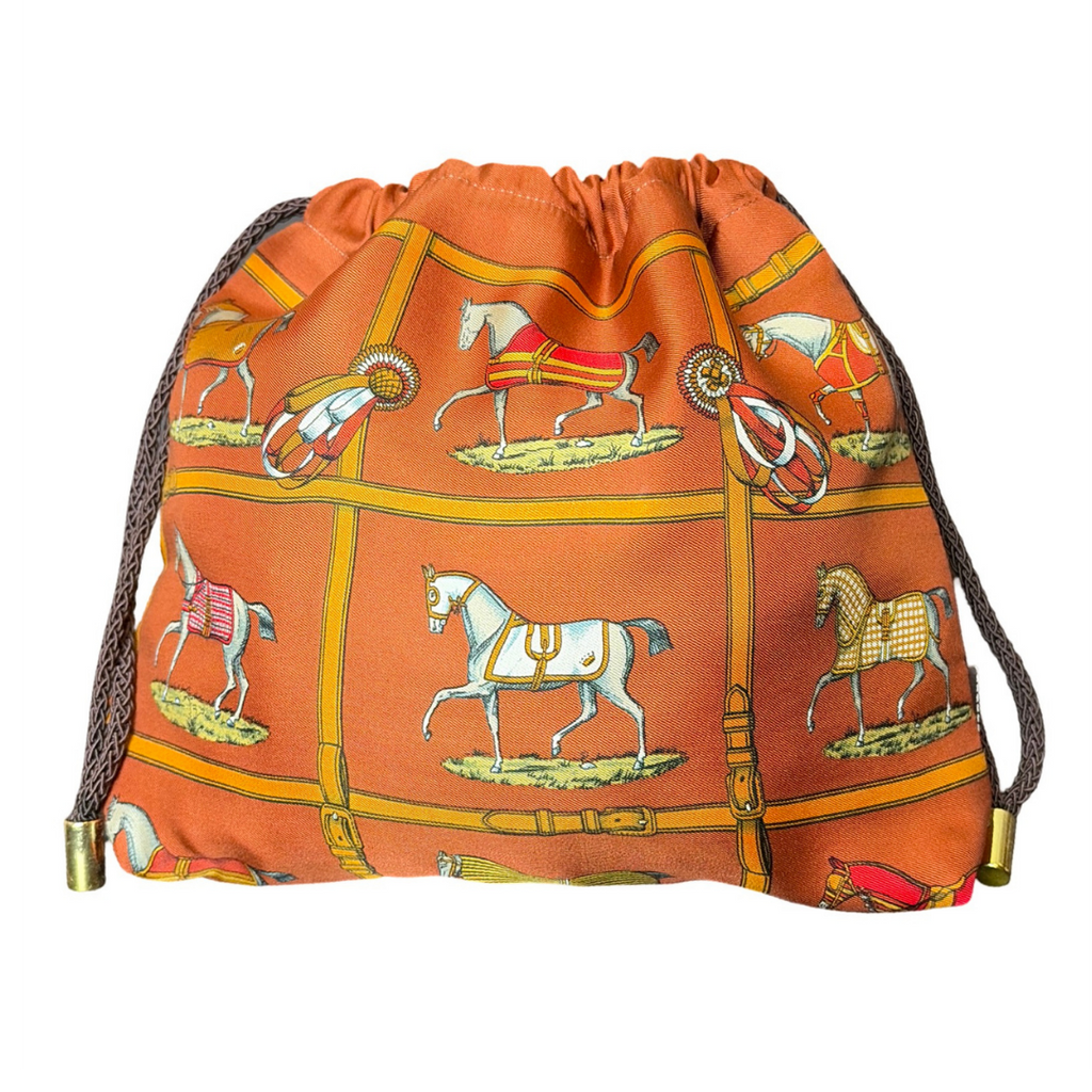 Vintage Hermes Petits Chevaux Orange Silk Scarf Drawstring Crossbody Bag