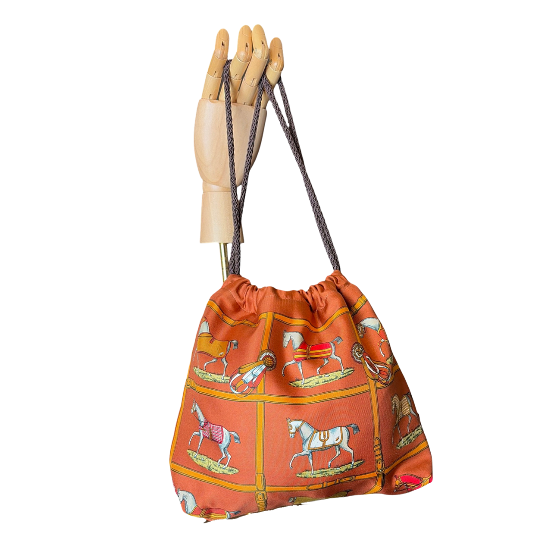 Vintage Hermes Petits Chevaux Orange Silk Scarf Drawstring Crossbody Bag