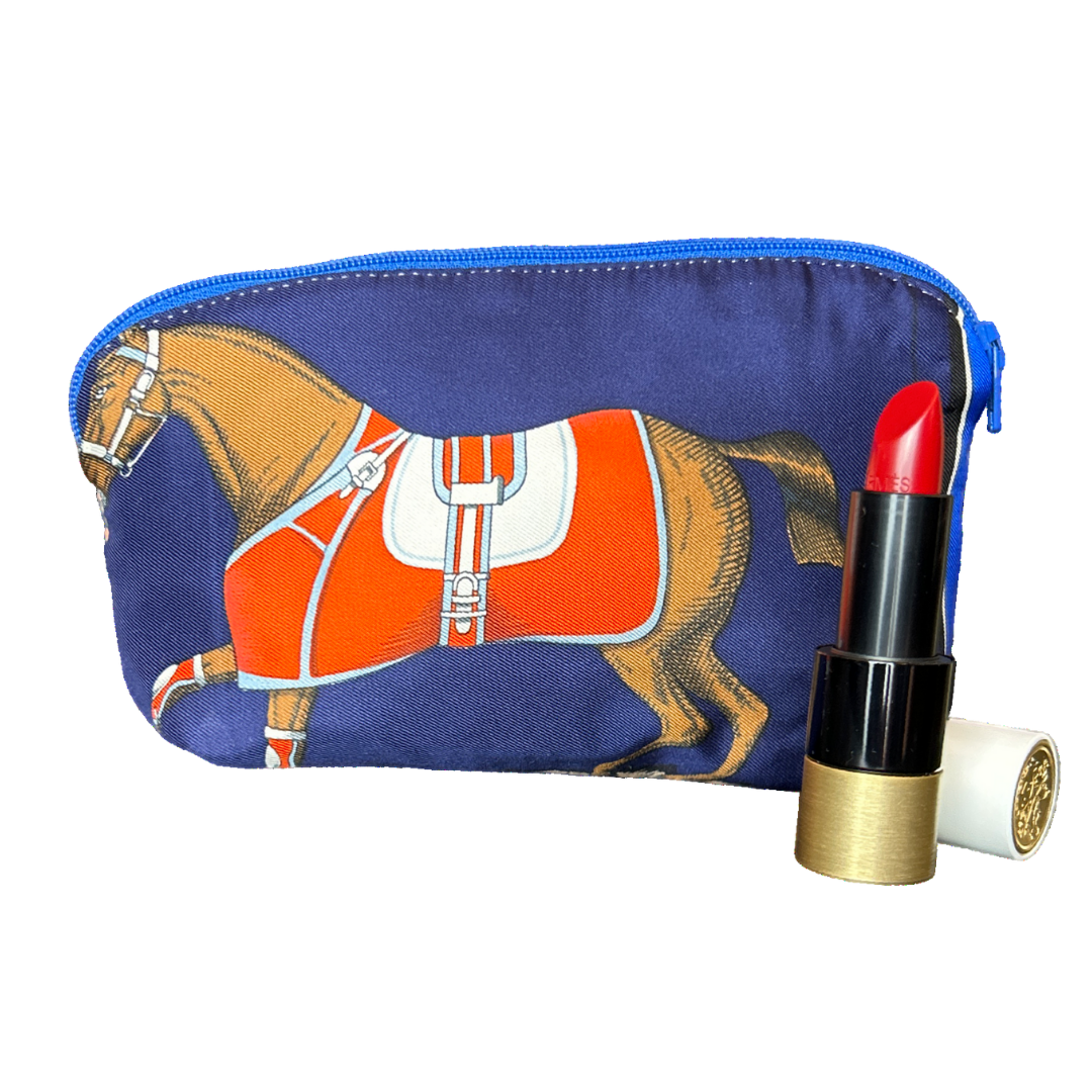 Vintage Hermes Couvertures et Tenues du Jour Blue Silk Scarf Beauty Bag