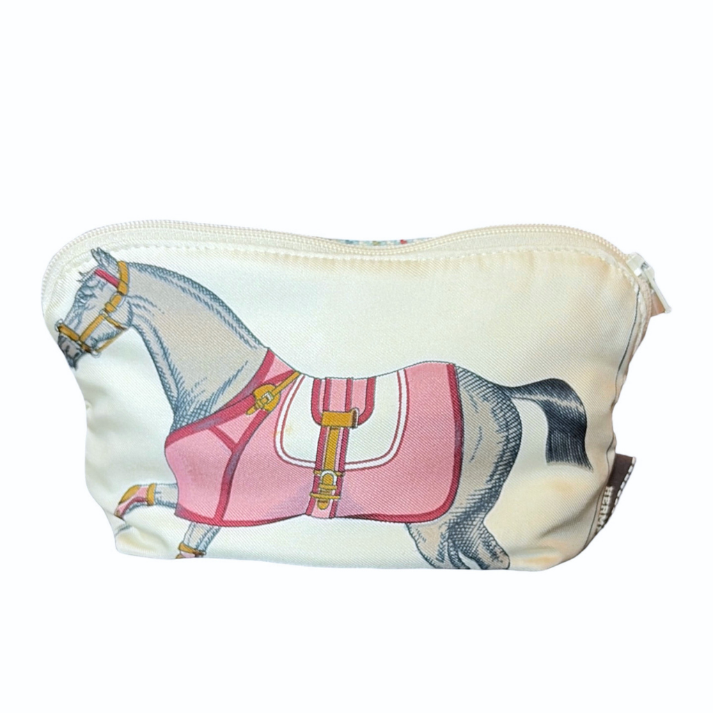 Vitage Hermes Couvertures et Tenues du Jour Ivory Multi Silk Scarf Beauty Bag