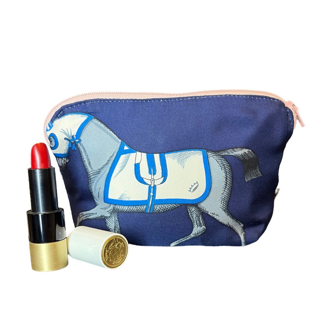 Vintage Hermes Couvertures et Tenues du Jour Blue Silk Scarf Beauty Bag