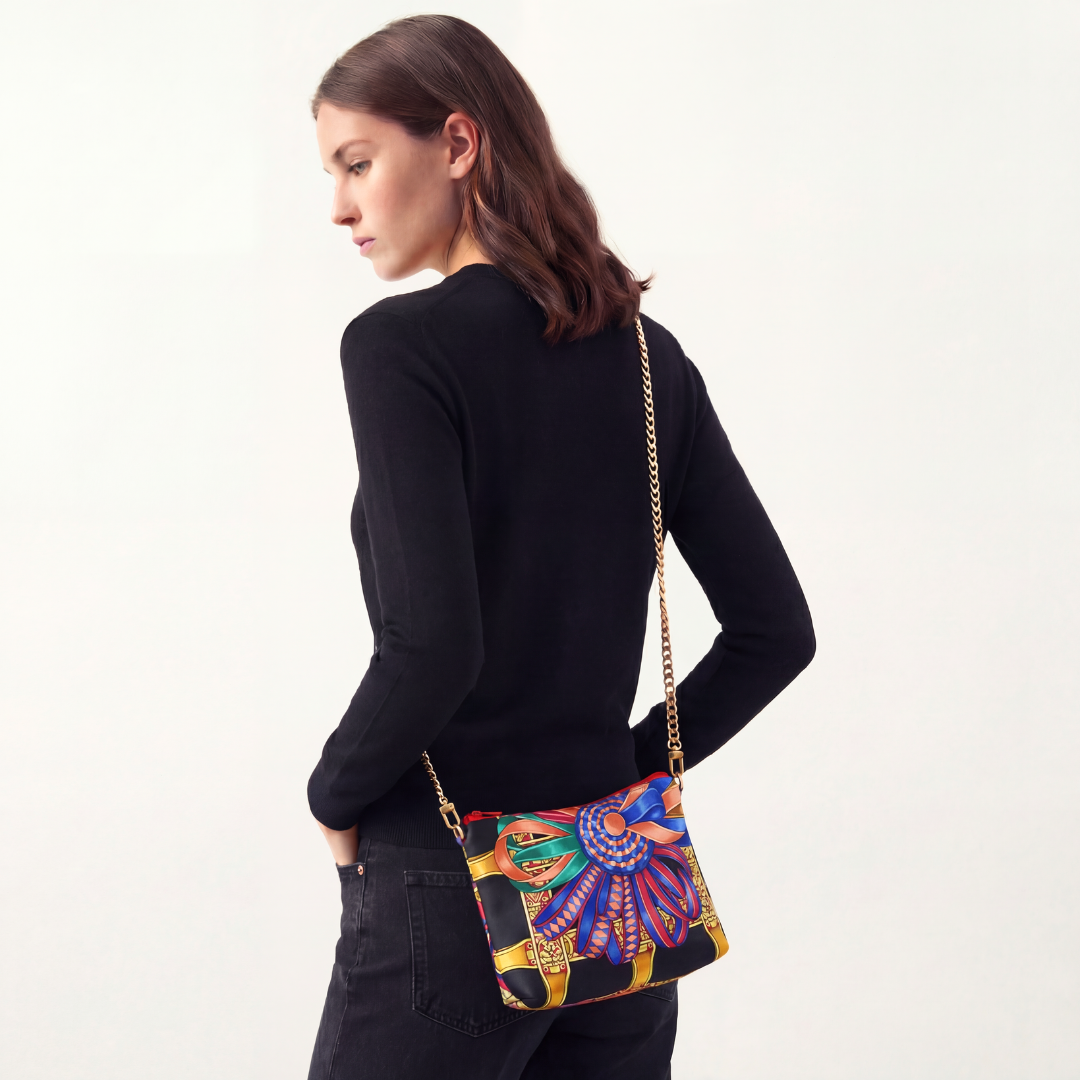 Vintage Hermes Rubans du Cheval Noir Silk Scarf Crossbody Bag