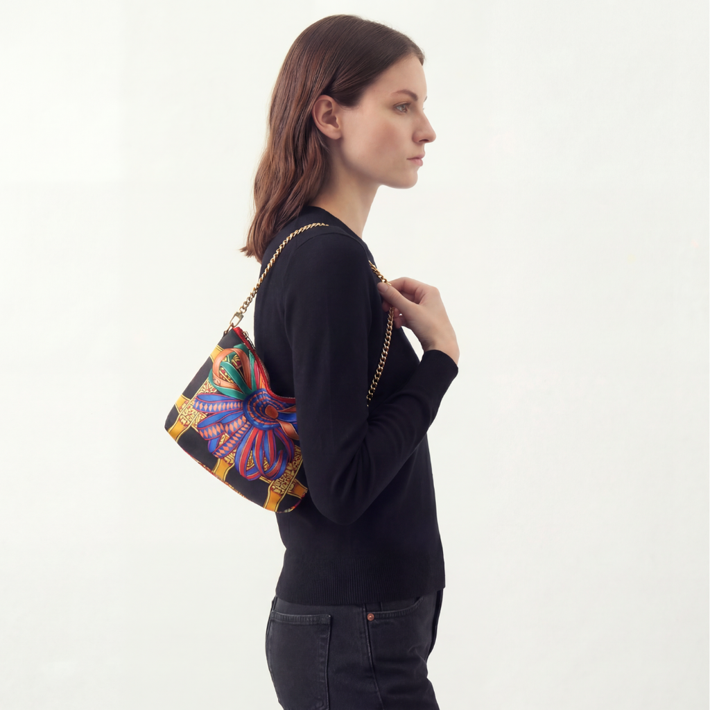 Vintage Hermes Rubans du Cheval Noir Silk Scarf Crossbody Bag
