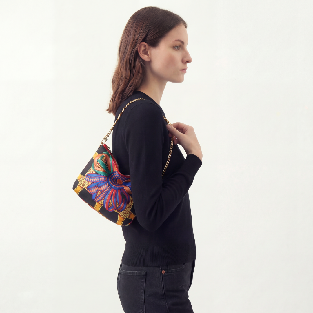 Vintage Hermes Rubans du Cheval Noir Silk Scarf Crossbody Bag