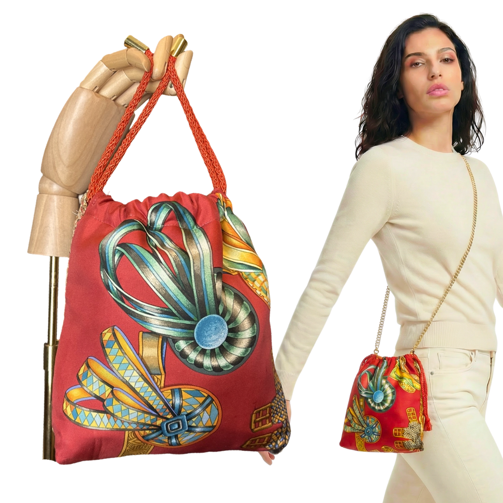 Vintage Hermes Rubans du Cheval Venetian Red Scarf Drawstring Crossbody Bag