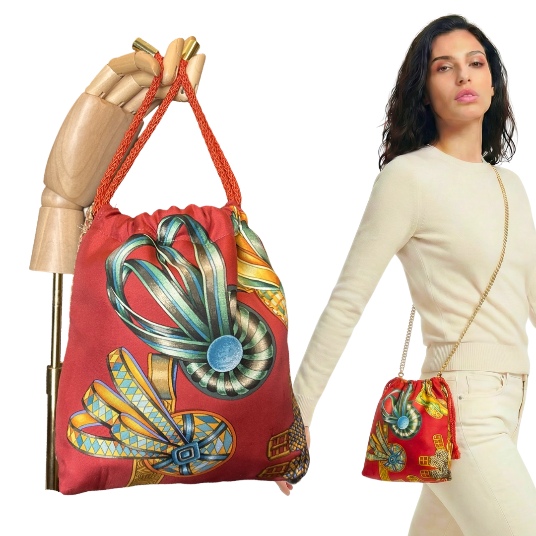 Vintage Hermes Rubans du Cheval Venetian Red Scarf Drawstring Crossbody Bag