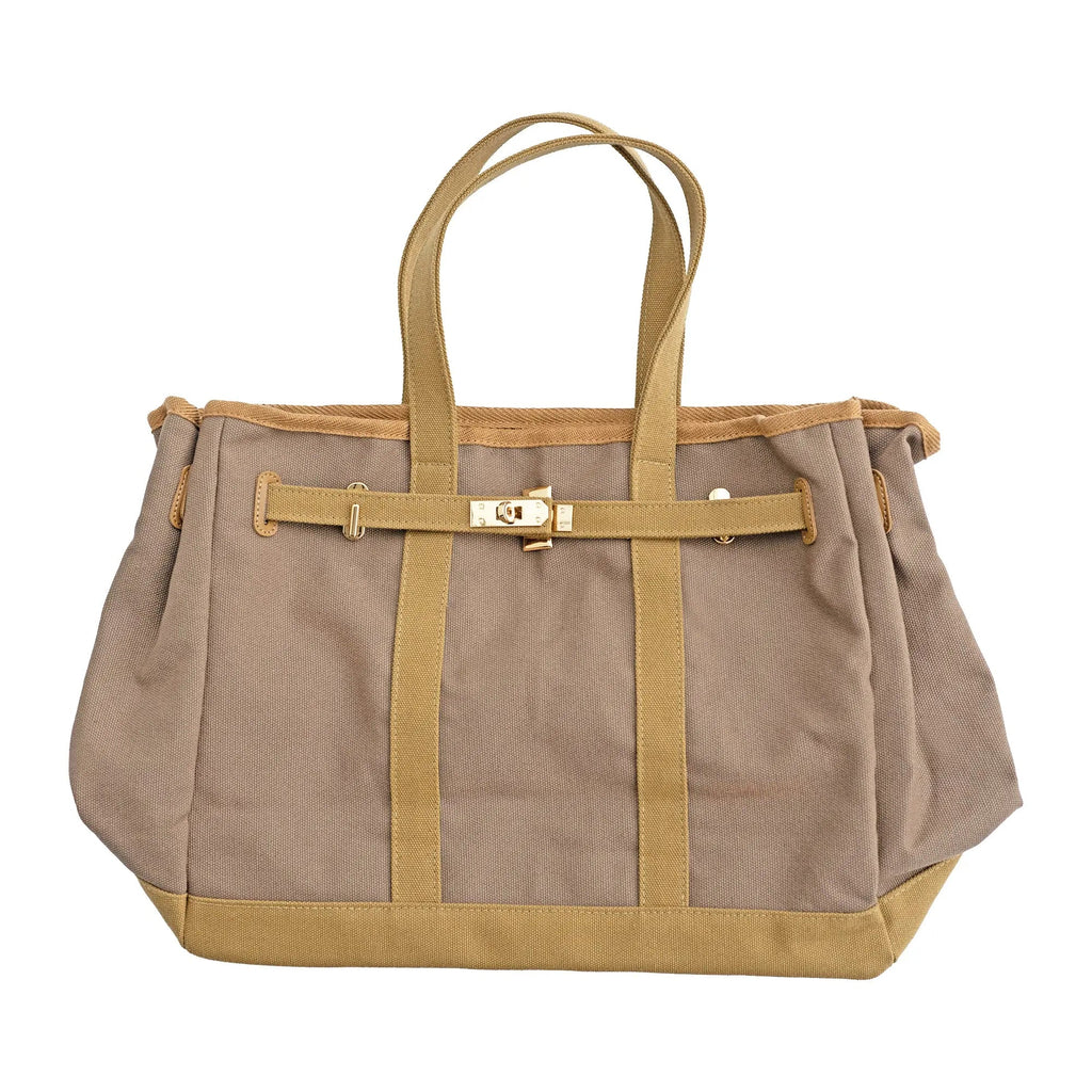 Huntley Equestrian Barnkin Brown and Tan Two-Tone Canvas Tote Bag with Gold Hardware