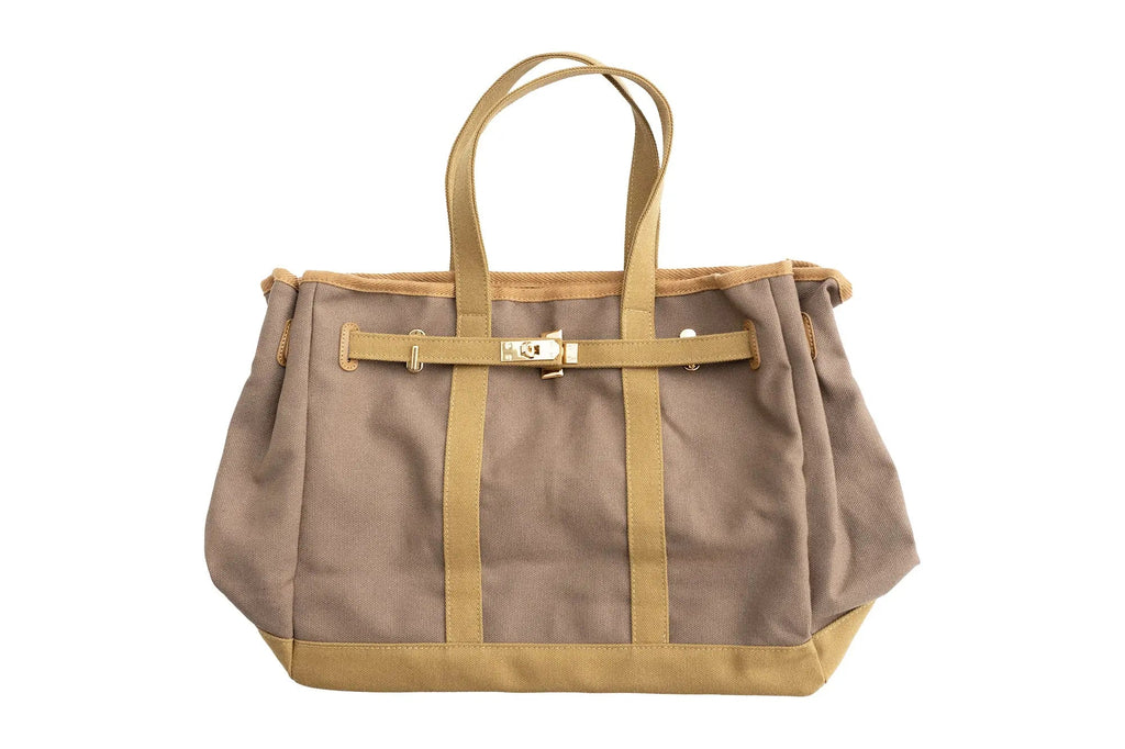 Huntley Equestrian Barnkin Brown and Tan Two-Tone Canvas Tote Bag with Gold Hardware