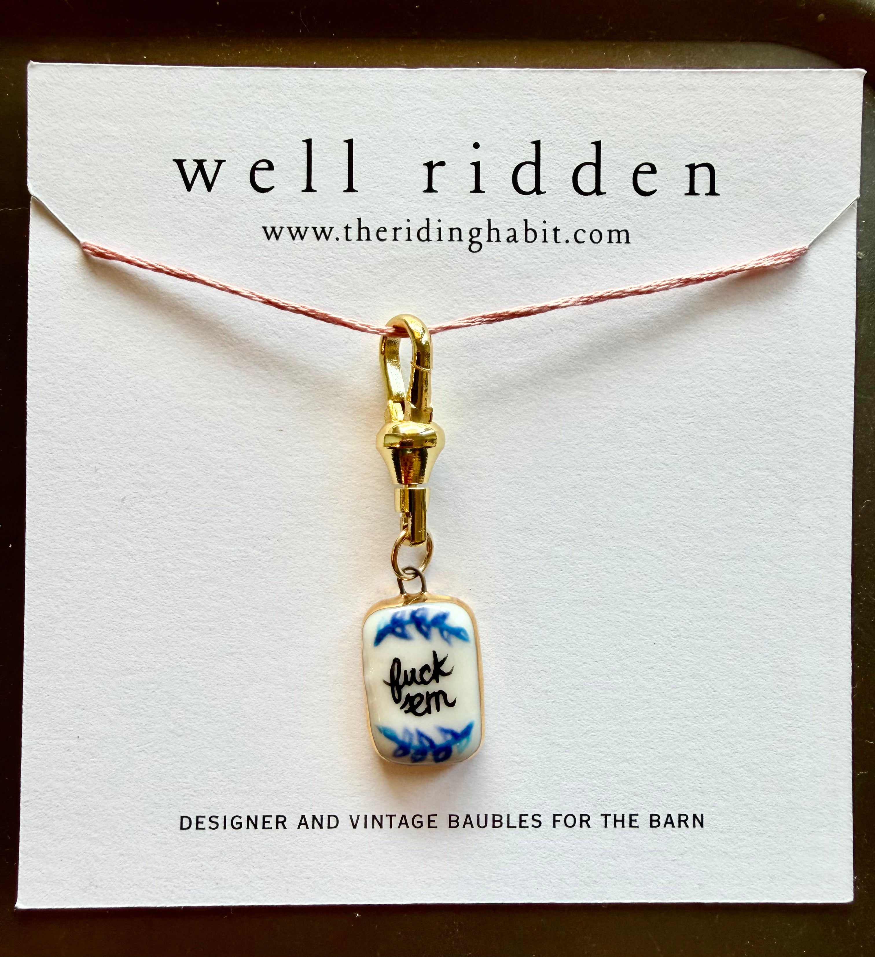 Well Ridden Designer Charm, Handmade, Hand-Painted Porcelain with 22K Gold Accent