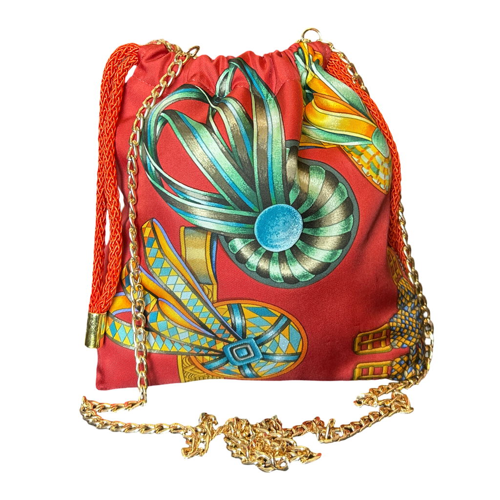 Vintage Hermes Rubans du Cheval Venetian Red Scarf Drawstring Crossbody Bag