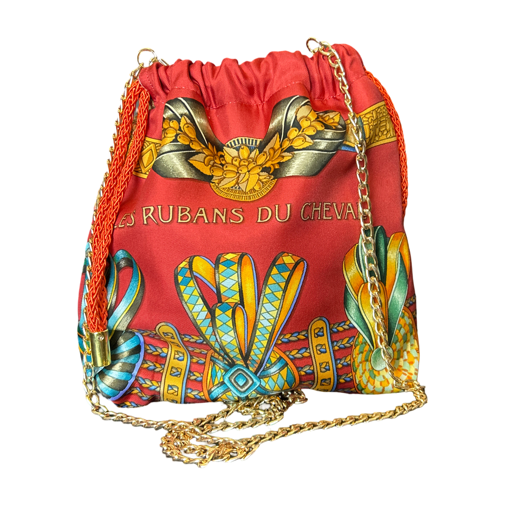 Vintage Hermes Rubans du Cheval Venetian Red Scarf Drawstring Crossbody Bag