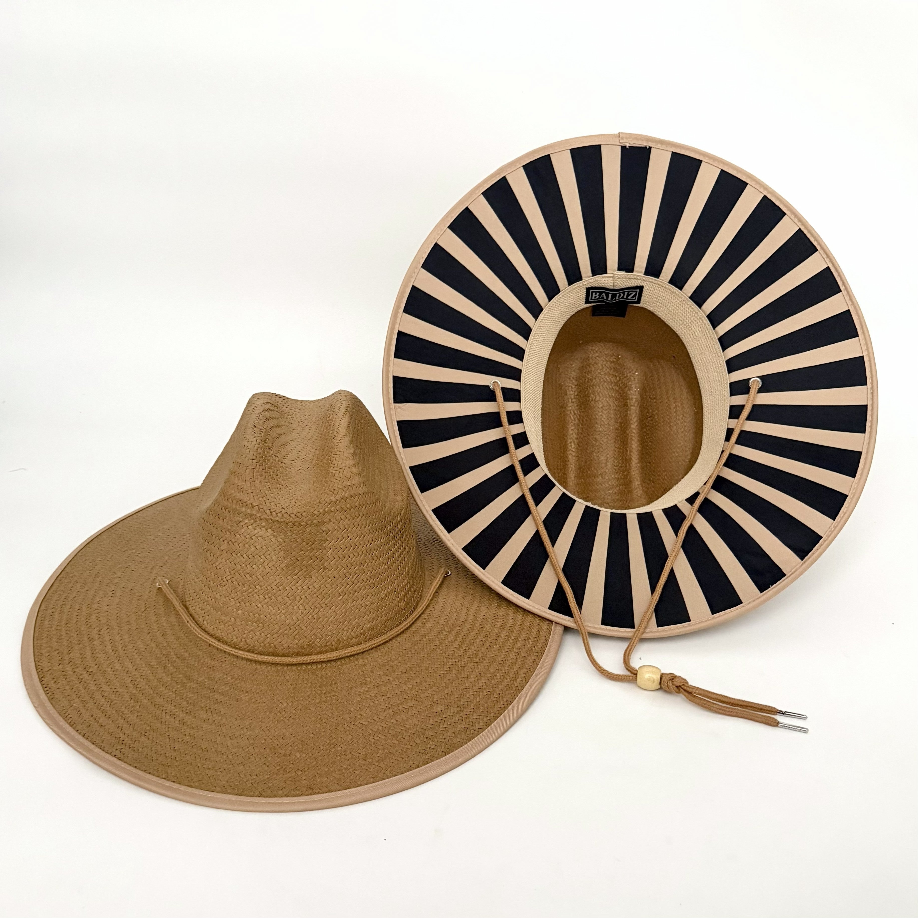 Baldiz Tan Sun Hat with Tan and Black Stripes | Wide Brim Women's Sun Hat with Striped Underbrim