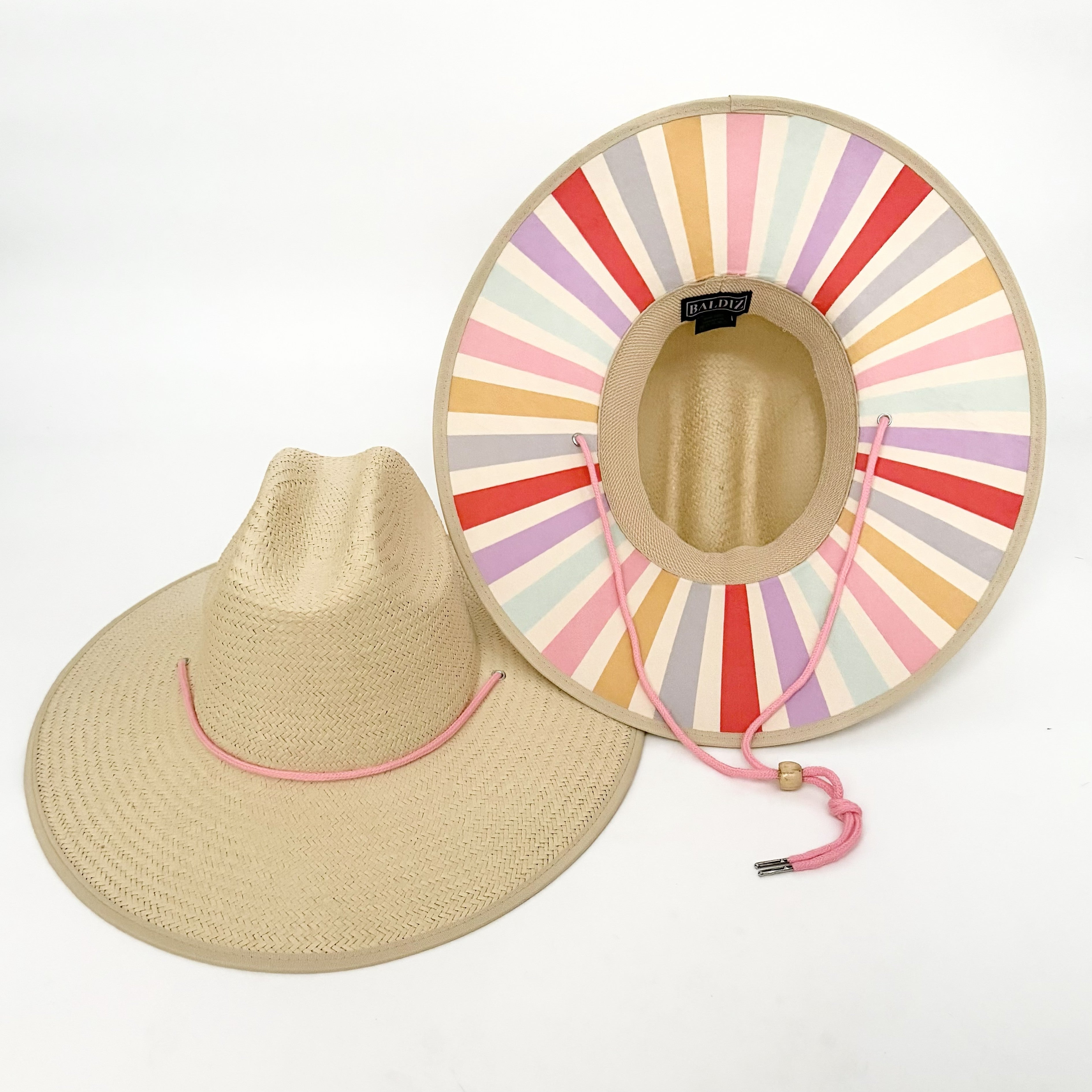 Baldiz Tan Sun Hat with Pastel Rainbow Stripes | Wide Brim Women's Sun Hat with Striped Underbrim (Copy)