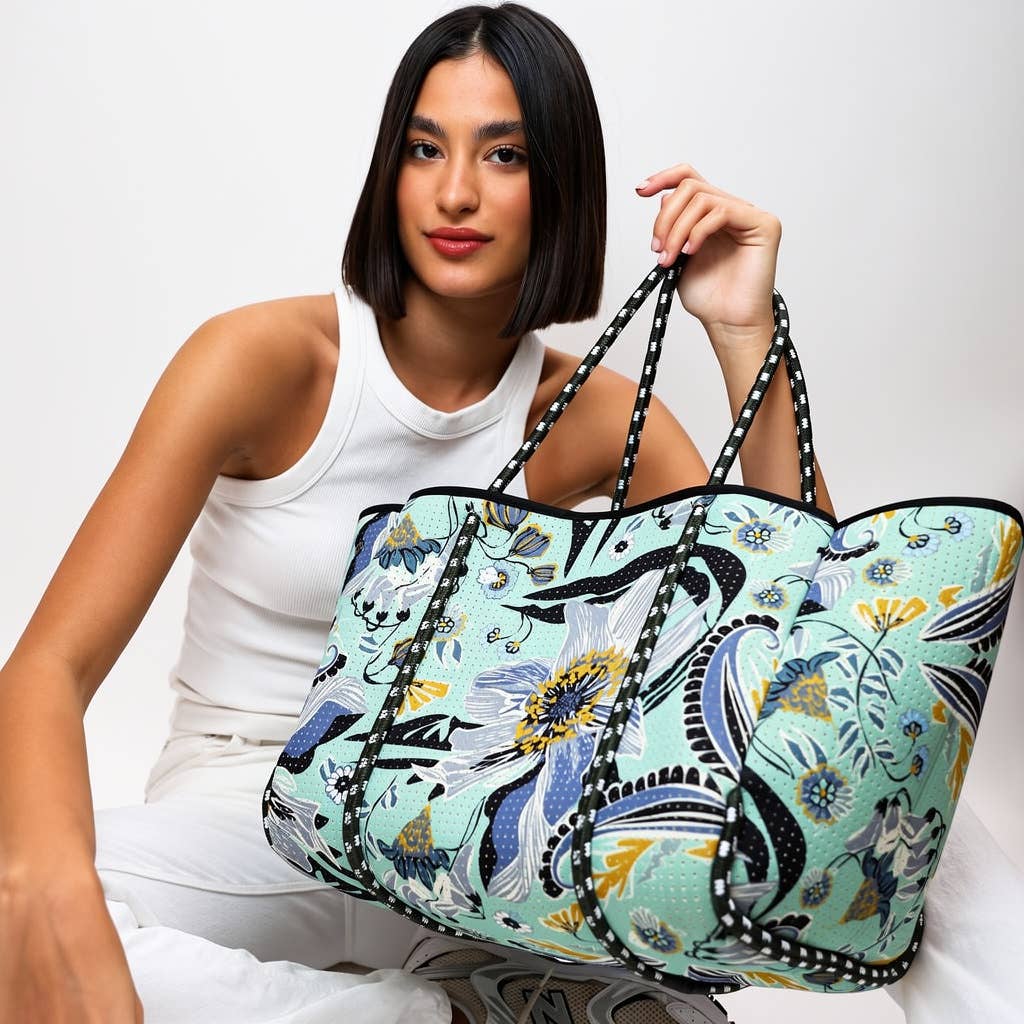 Large Neoprene Tote Bag Mint Flowers