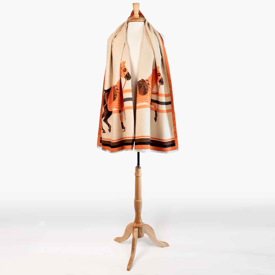 Cali -  Tangerine Equestrian Motif Luxe Shawl