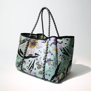Large Neoprene Tote Bag Mint Flowers