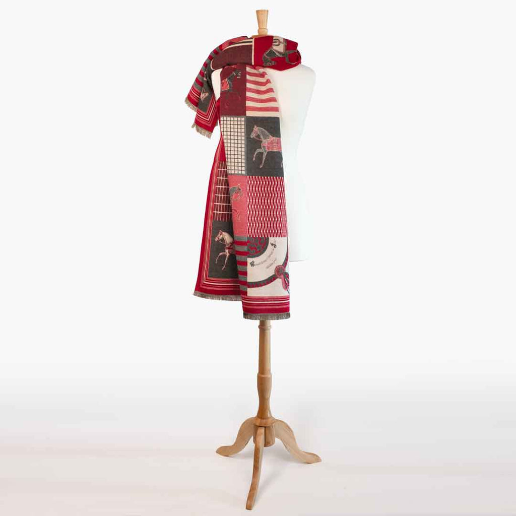 Devon -  Crimson Equestrian Motif Luxe Shawl