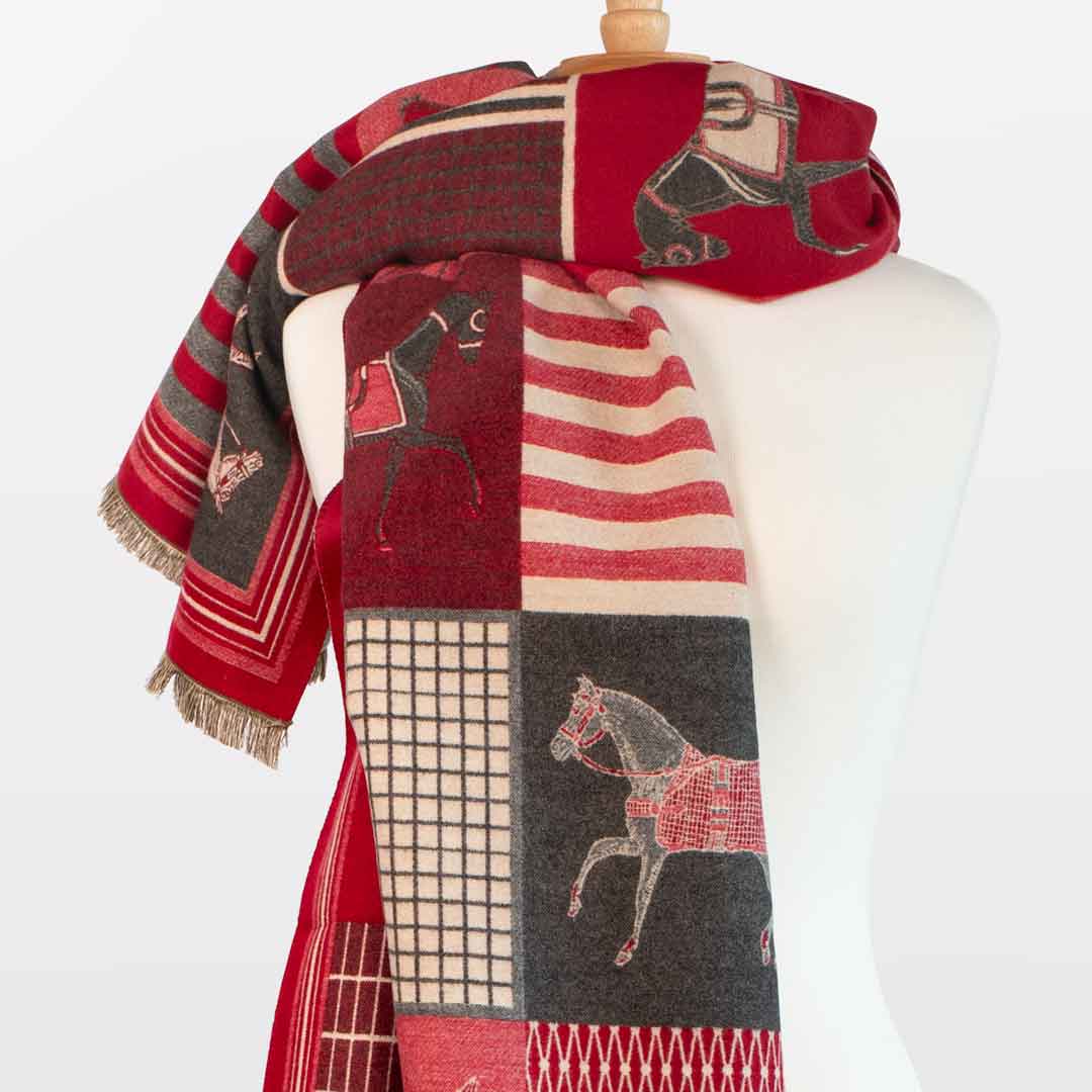 Devon -  Crimson Equestrian Motif Luxe Shawl