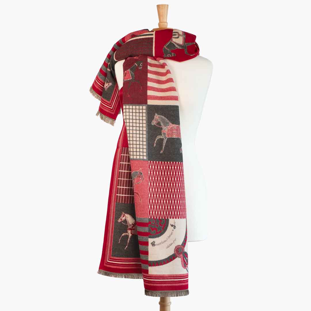Devon -  Crimson Equestrian Motif Luxe Shawl