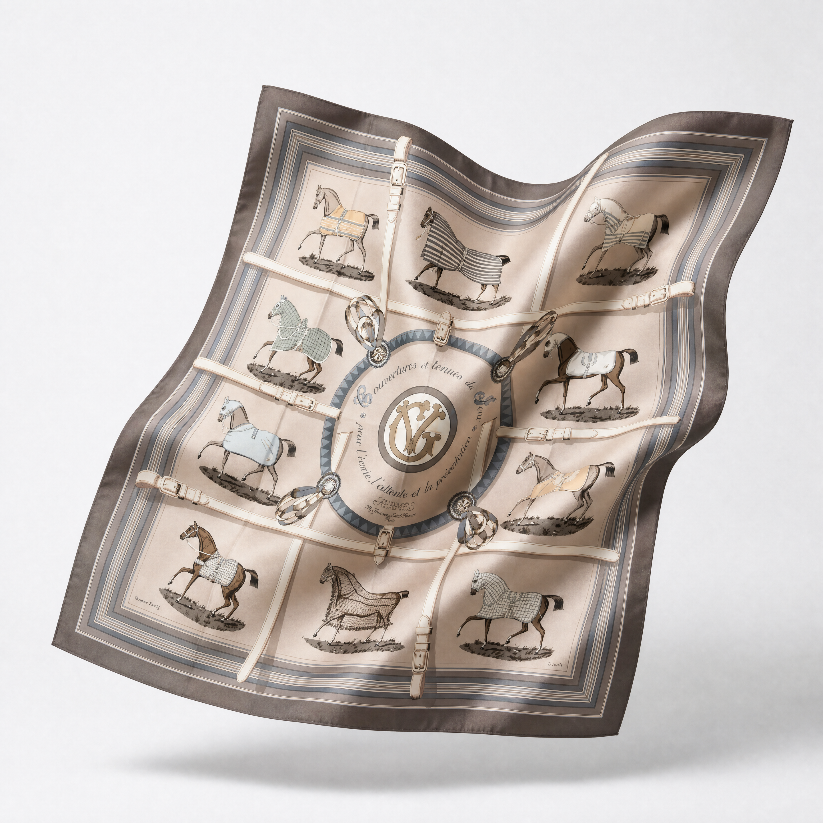 Vintage Hermes Couvertures et Tenues du Jour George V Silk Scarf Beauty Bag