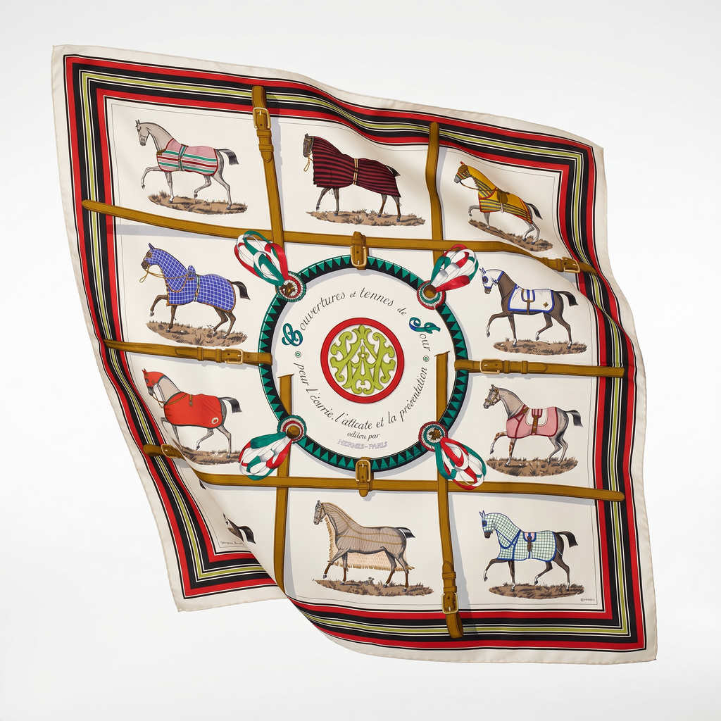 Vintage Hermes Couvertures et Tenues du Jour Ivory Multi Vintage Silk Scarf Lumbar Pillow 35"