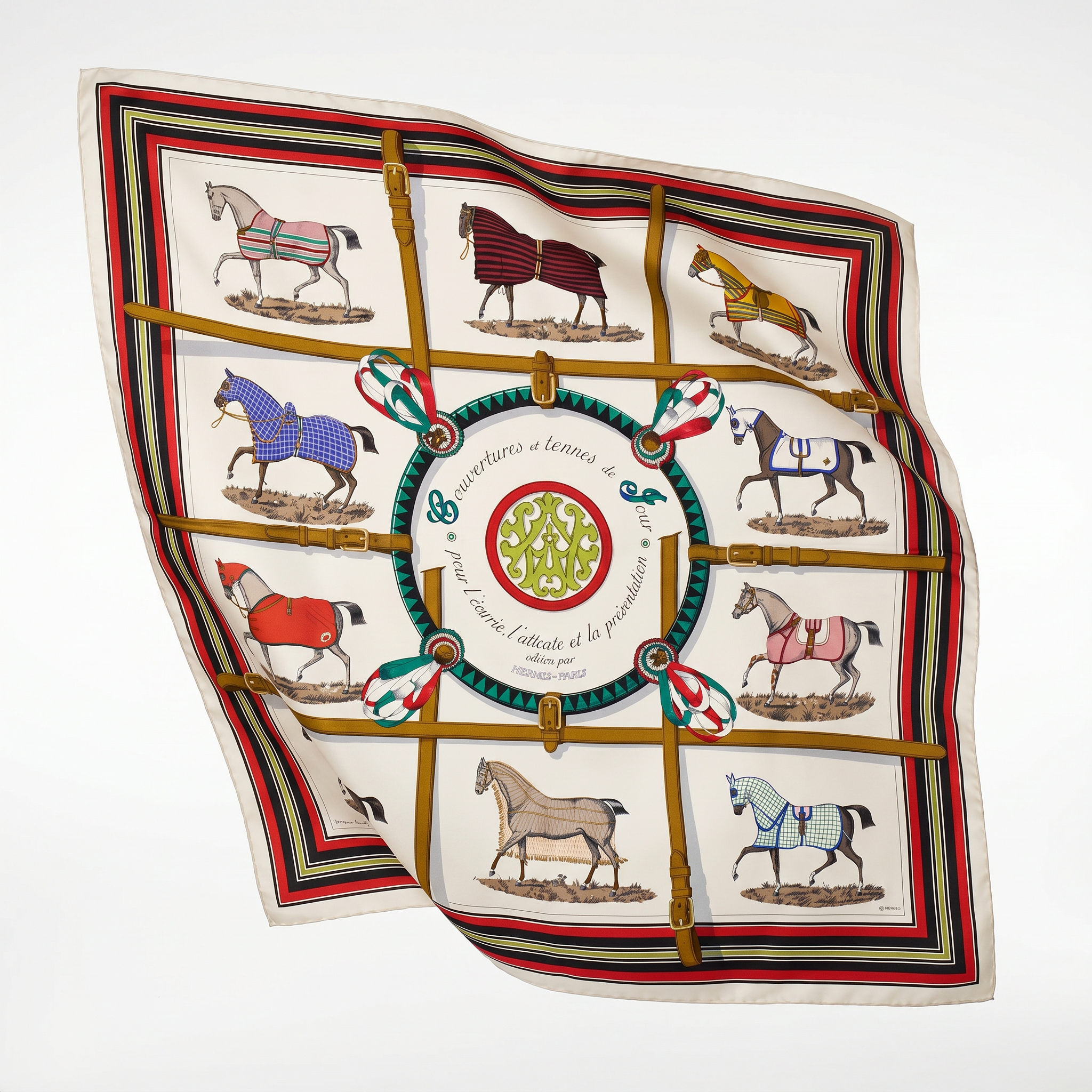 Vintage Hermes Couvertures et Tenues du Jour Ivory Multi Vintage Silk Scarf Lumbar Pillow 35"