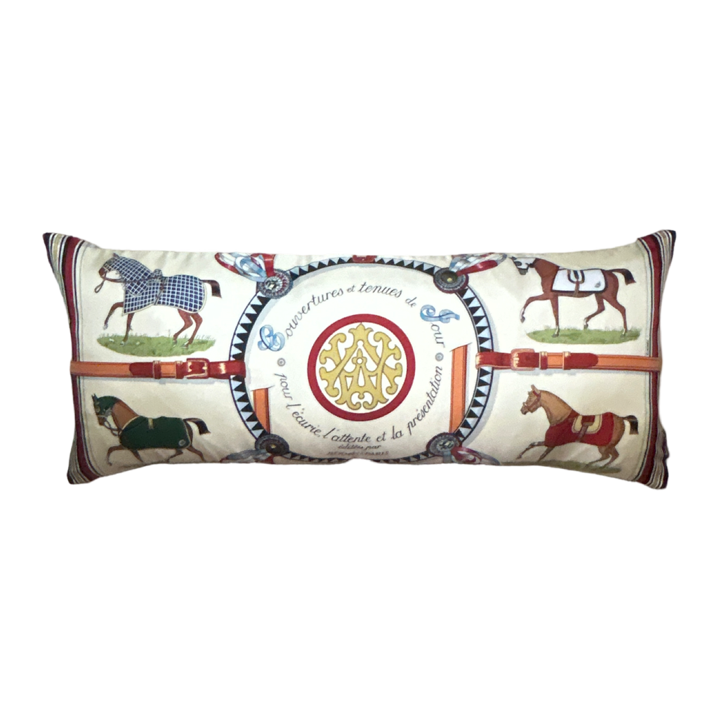 Vintage Hermes Couvertures et Tenues du Jour Ivory Multi Vintage Silk Scarf Lumbar Pillow 35"