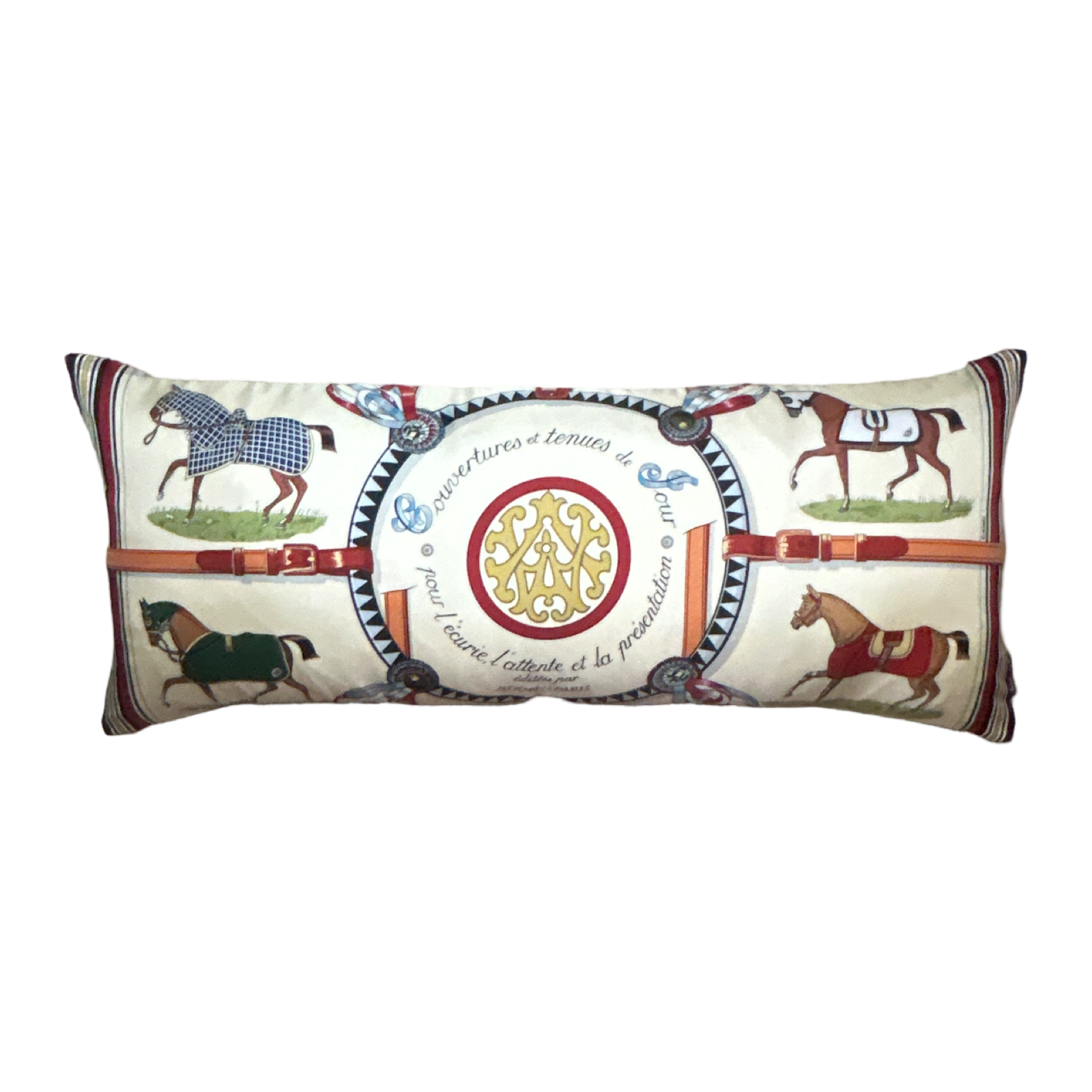 Vintage Hermes Couvertures et Tenues du Jour Ivory Multi Vintage Silk Scarf Lumbar Pillow 35"