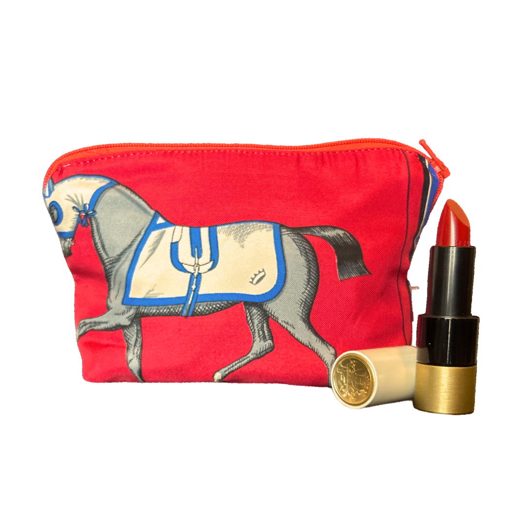 Vintage Hermes Couvertures et Tenues du Jour Red Silk Scarf Beauty Bag